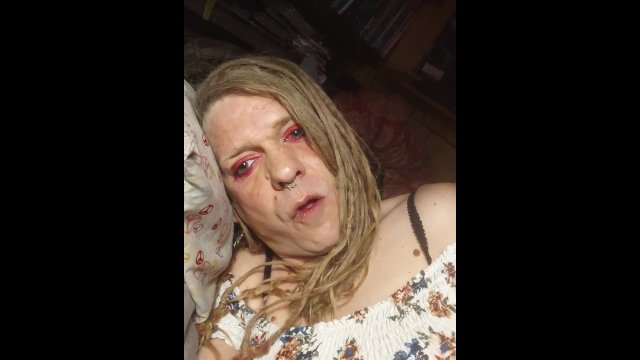 Sissy plays with sex machine