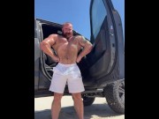Preview 1 of Hairy Thick Bodybuilder Flexes, Gets Naked, then Pisses on Public Beach OnlyfansBeefBeast Big Dick