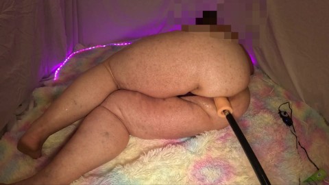 Fat young man with bubble butt masturbates with his fucking machine, small uncut cock cumming