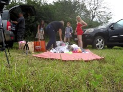 No panties girls outdoors fun on try on haul day with lingerie and short summer dress and miniskirts