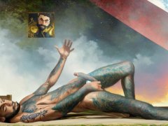Tattooed hippie masturbating passionately in outer space *AI porn*