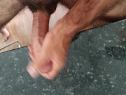 Preview 2 of Hitting my dick on the dining table with a hot handjob on my big thick dick PART 2 with cum