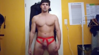 Skinny Fit guy in Red open-thong jerking off