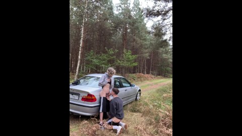 Twink gives a blowjob step bro 24cm big cock outdoor by car