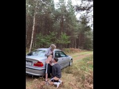 Twink gives a blowjob step bro 24cm big cock outdoor by car