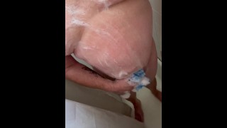 Chubby dad lathering up his cock