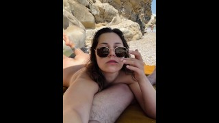 Cum In A Hottie's Nude Mouth On The Beach