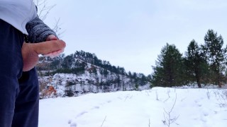 Two big cumshots in a snowy nature, my balls are freezing