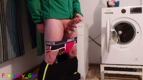 I jerk off in jocks with clothespins on cock and scrotum in a shared laundry room