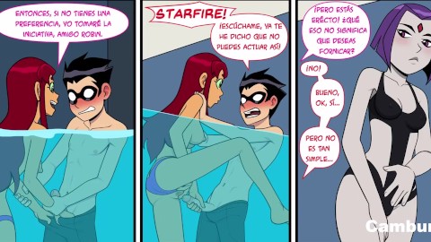 StarFire wird von Robin in einem öffentlichen Schwimmbad gefickt, Raven sieht sie und wird aufgeregt