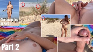 Een dag op het openbare nudistenstrand in Portugal. Masturbatie en handjob achter vreemden. DEEL 2