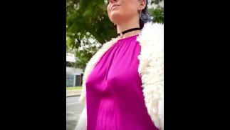 A Braless Stroll in a bouncy pink top