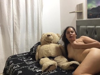 Solo Girl Masturbating with her very Wet Pussy and Strapon on Teddy Bear