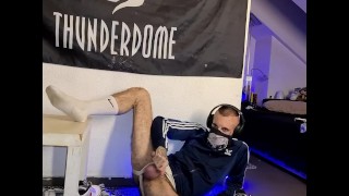 Jerking skinny raverpig in hot white sox n jocks,spreads horny his fucking hairy legs