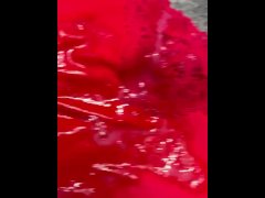 Red silk panties with amazing cum