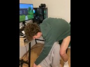 Preview 6 of Stepbrother twink sucks my cock while I play a game and then takes out 10 inch monster cock