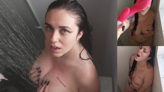 Branquinha peituda se masturba no banho de cabelo molhado e geme igual puta