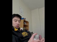 Cute Asian Guy Rubbing his Throbbing Lubed Cock