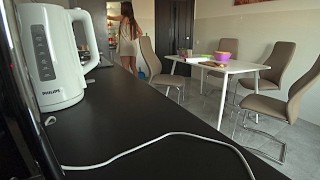 Wife And Neighbor Fuck In The Kitchen While Husband Is At Work Cheating For Debts