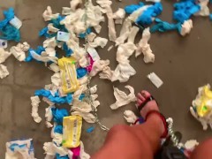 Siisy in chastity with ball weights has to use bucket as  toilet in its pigpen angel Scarlett black