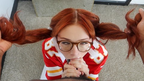 SLUTTY redhead gives me SUPER SLOPPY blowjob at the Superbowl party!