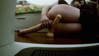 sexy sissy Cum1ra continues to mercilessly fuck her hole with her huge dildos
