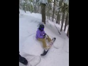 Preview 6 of Sunny Skye - Hot snowboarder sucks dick on the gondola and get's fucked in the trees