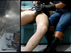 Fetishwife in leather riding boots & leather gloves milks the cock of her slave with big cumshot!