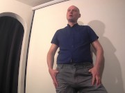 Preview 1 of Man undressing takes off his jeans, sock, underwear and shirt as he masturbates his erect uncut cock
