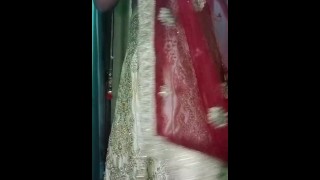 Indian gay Crossdresser Gaurisissy xxx sex in Golden Saree pressing his boobs and fingering his ass