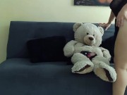 Preview 2 of horny student masturbates with her teddy bear sucking plastic cock