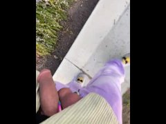Public Nudity - Neighborhood cock out! Using sex toys to stretch my dick and balls!