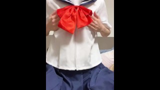 [Japanese] I felt good with a thick dildo while wearing a school uniform... [Amateur] Hentai Big Ass