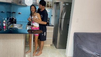 My little stepsister is insecure about her sexuality, I make her horny and fuck her in the kitchen.