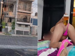 (Dual cam) Sissy in micro bikini exposing herself taking 900ml of beer inside her ass