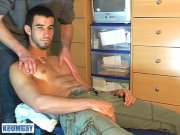 Preview 2 of Innocent delivery guy gets massaged and wanked his hard dick by a guy.
