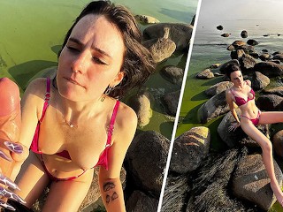 Green Water - Wet and Wild Blowjob on the Public Beach