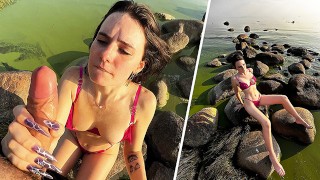 Green Water - Wet and Wild Blowjob on the Public Beach