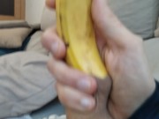 Preview 4 of 🇬🇧🇺🇸Bored Amateur Pig Grabs a Banana, Juice with His Foreskin, Very Hot Milk💦!