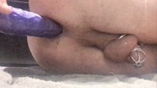 10 Inch Dildo in my ass. Chastity Cage on.