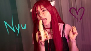 Nyu sucks the banana  so thoroughly until it melts in his mouth. Elfen lied