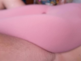 Sweet skinny babe with big beautiful ass in pink fitness leggings let an old man cum on cameltoe