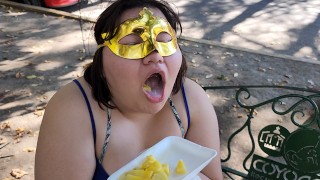 I suck my man's ass, cock and balls, extract a lot of cum and eat it with pineapple in public