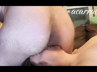Hairy Dom Farts in her Face and Wipes his Bare Asshole on her Tongue