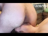Hairy dom farts in her face and wipes his bare asshole on her tongue