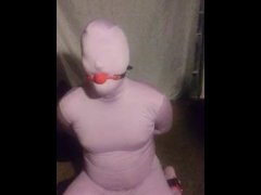 Pink Zentai having a little bdsm bondage fun alone