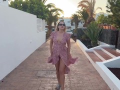 girl walks down the street without panties and bra in public