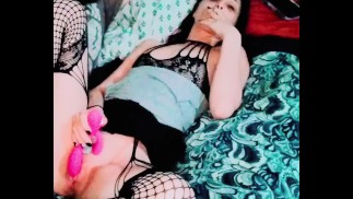 DADDY WATCHES MOMMY SMOKING A CIGARETTE WHILE PLAYING WITH HER DILDO
