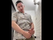 Preview 3 of Stud masturbates in the public urinal waiting for the next male to come and eat his big cock