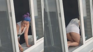 A Neighbor Girl Washes Windows Without A Bra Or Panties